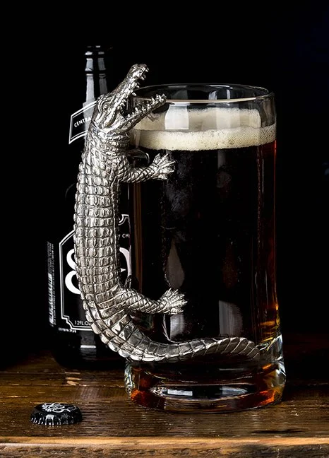 Alligator beer mug with lead-free pewter handle detail