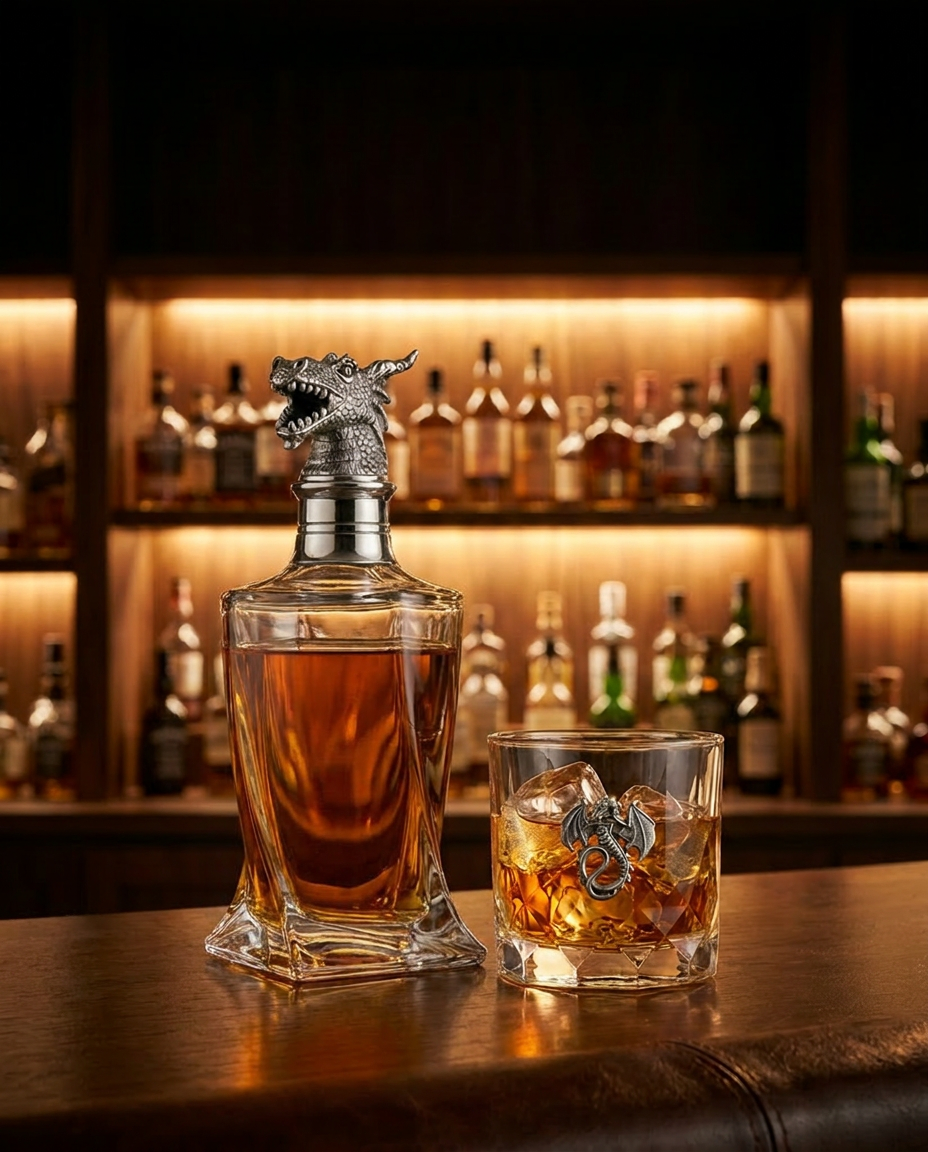 Twist whiskey pourer on a spirits bottle with a rocks glass in a warmly lit bar